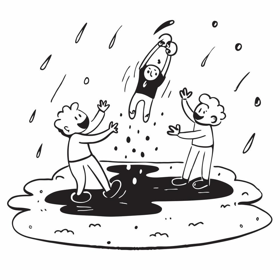 Children playing in the rain concept as High resolution image of children playing and splashing in puddles during a rain shower against a glossy backdrop symbolizing joy and fun in v1 vector
