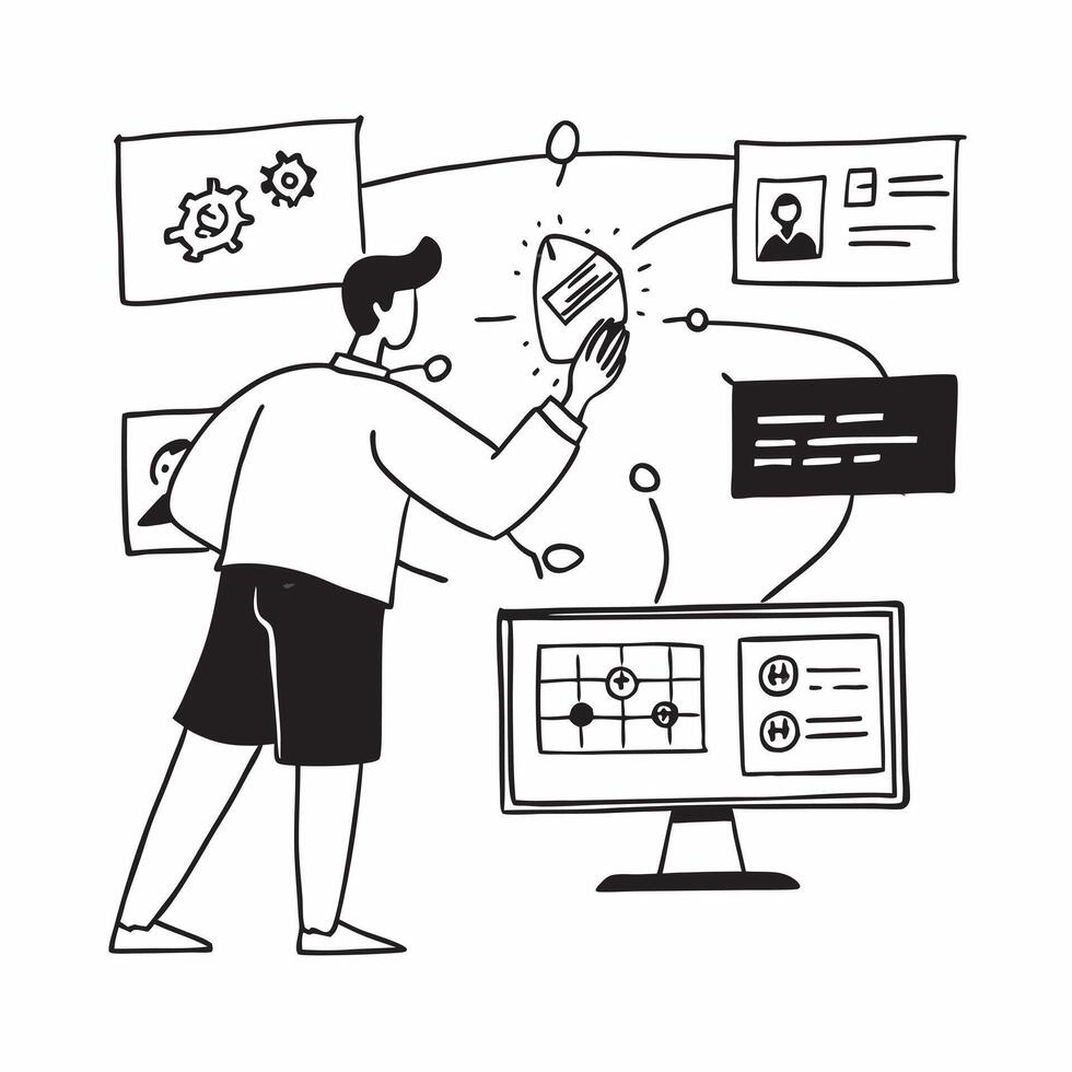 Data analyst using machine learning for social media predictions concept as A data analyst in a tech lab using machine learning for social media predictions on multiple screens hig Dynamics vector