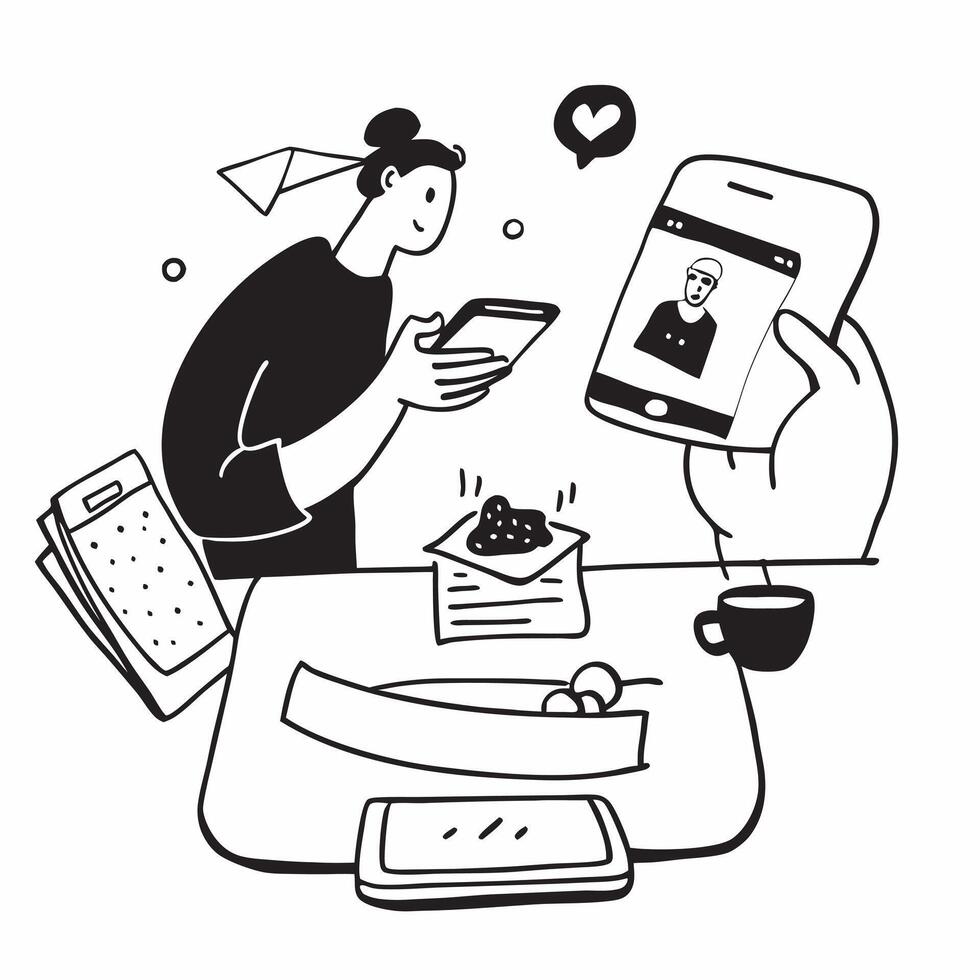 Social media consultant enjoying a leisurely breakfast concept as A social media consultant enjoying a leisurely breakfast while checking social media updates on a smartphone highl Dynamics vector