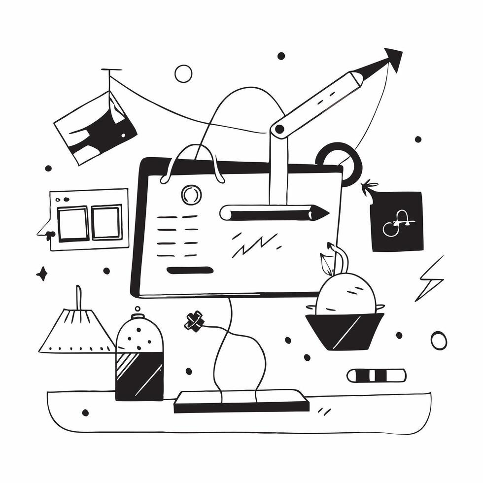 Abstract Digital Art with Glowing Home Office Elements concept as A photo featuring abstract digital art with glowing home office elements such as a laptop and a desk lamp The foc pure vector