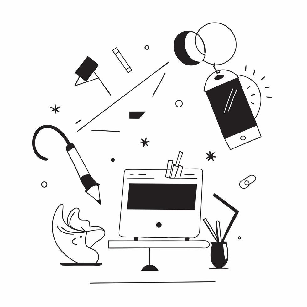 Abstract Digital Art with Glowing Home Office Elements concept as A photo featuring abstract digital art with glowing home office elements such as a laptop and a desk lamp The foc pure Set 2 vector