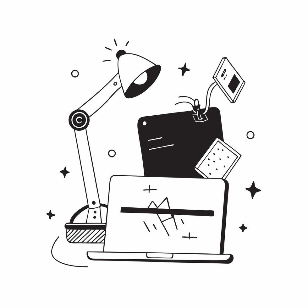 Abstract Digital Art with Glowing Home Office Elements concept as A photo featuring abstract digital art with glowing home office elements such as a laptop and a desk lamp The foc pure Set 3 vector