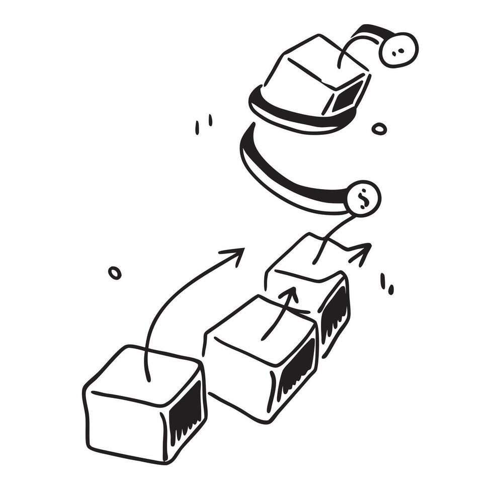 AI Blockchain with Cost Arrow concept as A illustration of blockchain nodes interconnected with a downward cost arrow symbolizing the efficiency of blockchain technology in pure vector