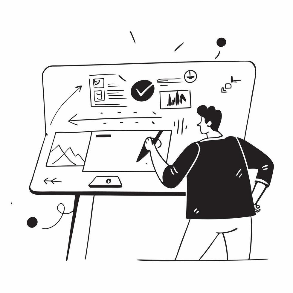 Architect designing a project in a glossy flexible workspace concept as Camera movement Zoom into the architect screen as they work on a digital blueprint Scene A high tech and cr pure Set 2 vector