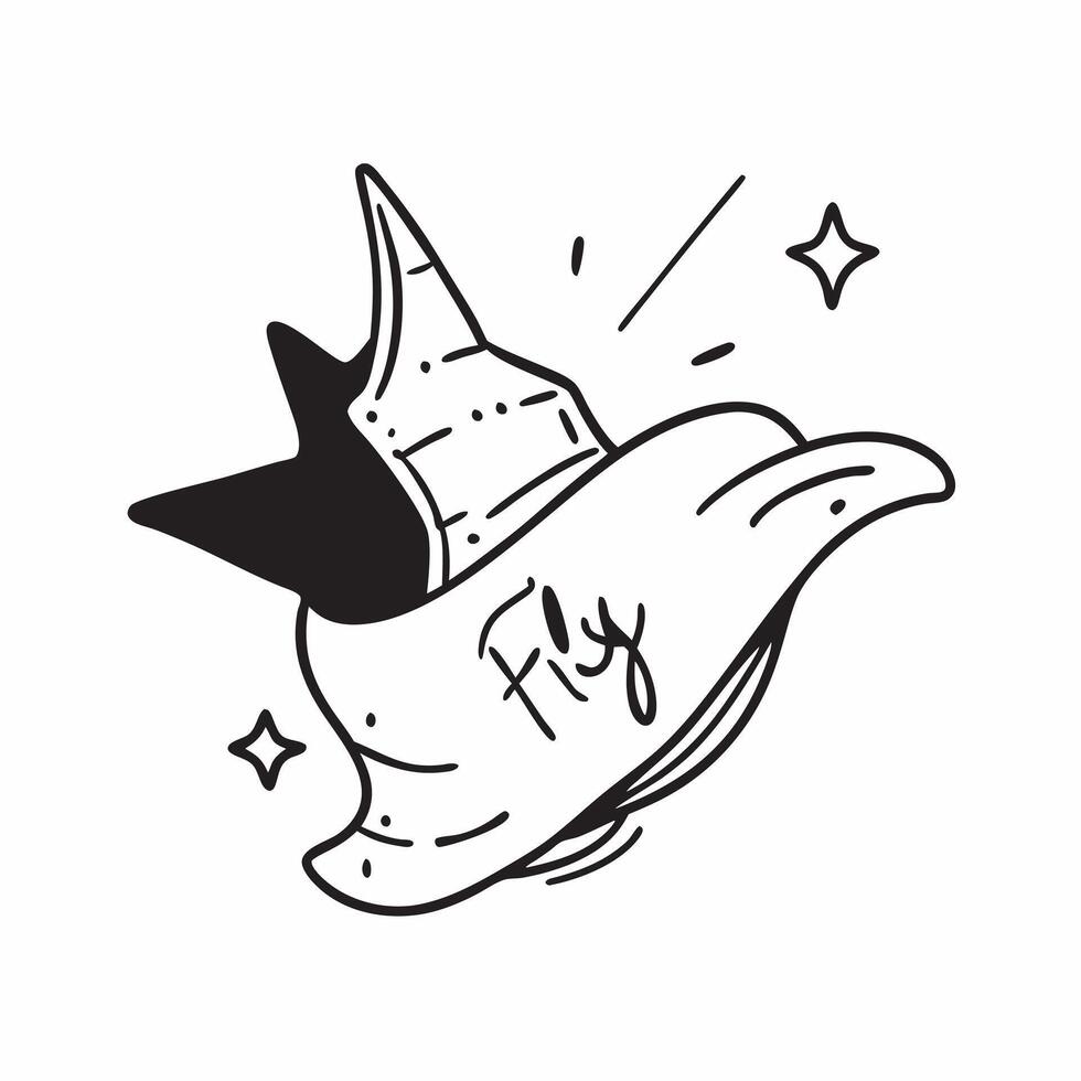 Bat and Witchs Hat with Fly Text concept as An isolated featuring a bat and a witchs hat with the word Fly in a sleek modern font The elements are set against a white backg pure vector