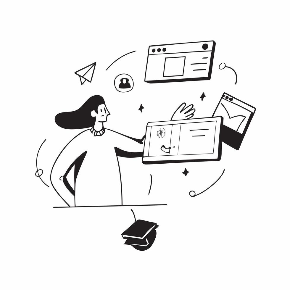 Businesswoman in a glossy flexible workspace setting concept as Camera movement Zoom into the businesswoman interacting with digital tools Scene A polished and sophisticated works pure Set 2 vector