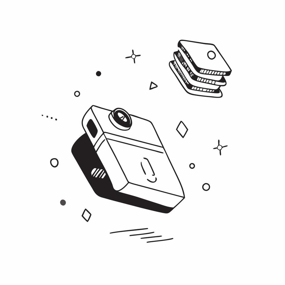 Camera with holographic settings floating beside it concept as A digital camera sits on a white surface with holographic settings options floating beside it The scene is shot from pure vector
