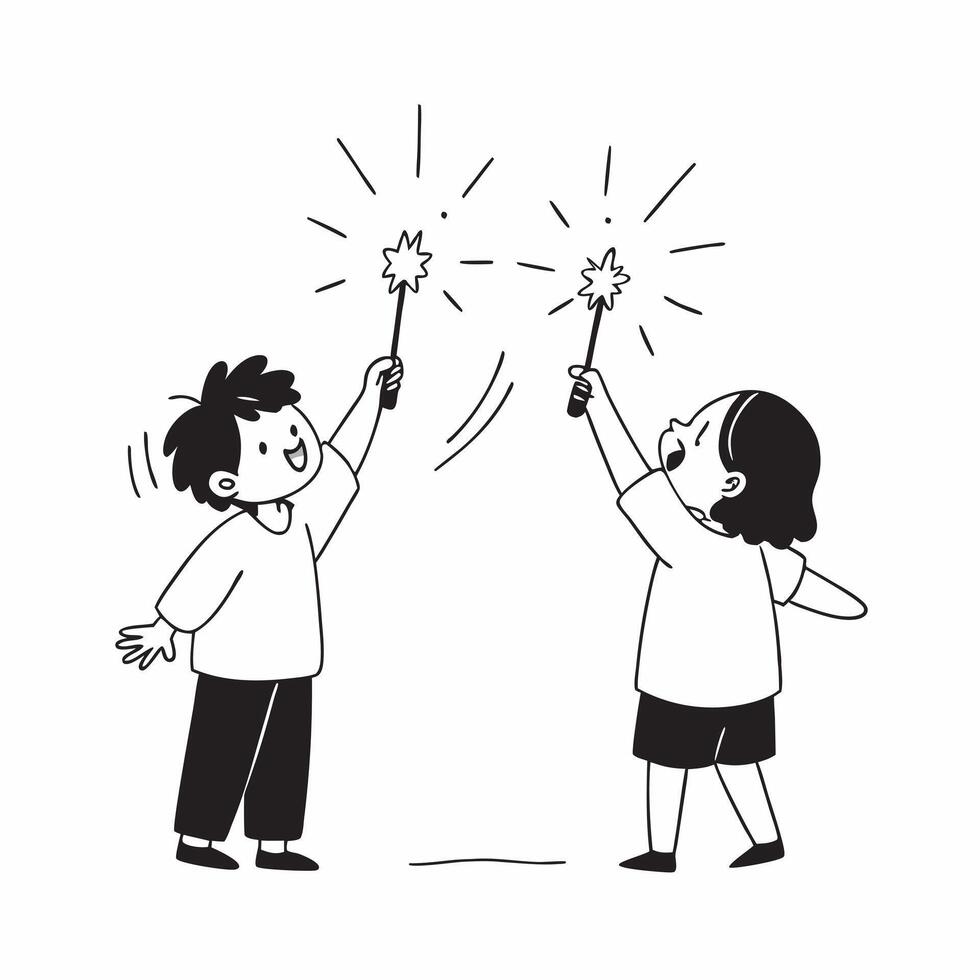 Candid Children Playing with Fireworks concept as A candid shot of children joyfully playing with sparklers during Dussehra with their faces illuminated by the soft glow of the fir pure vector