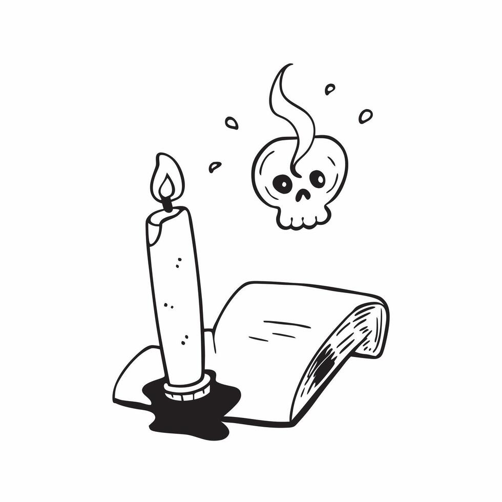 Candle and Skull with Darkness Text concept as An isolated featuring a lit candle next to a skull with the word Darkness in a gothic font The elements are set against a whi pure vector