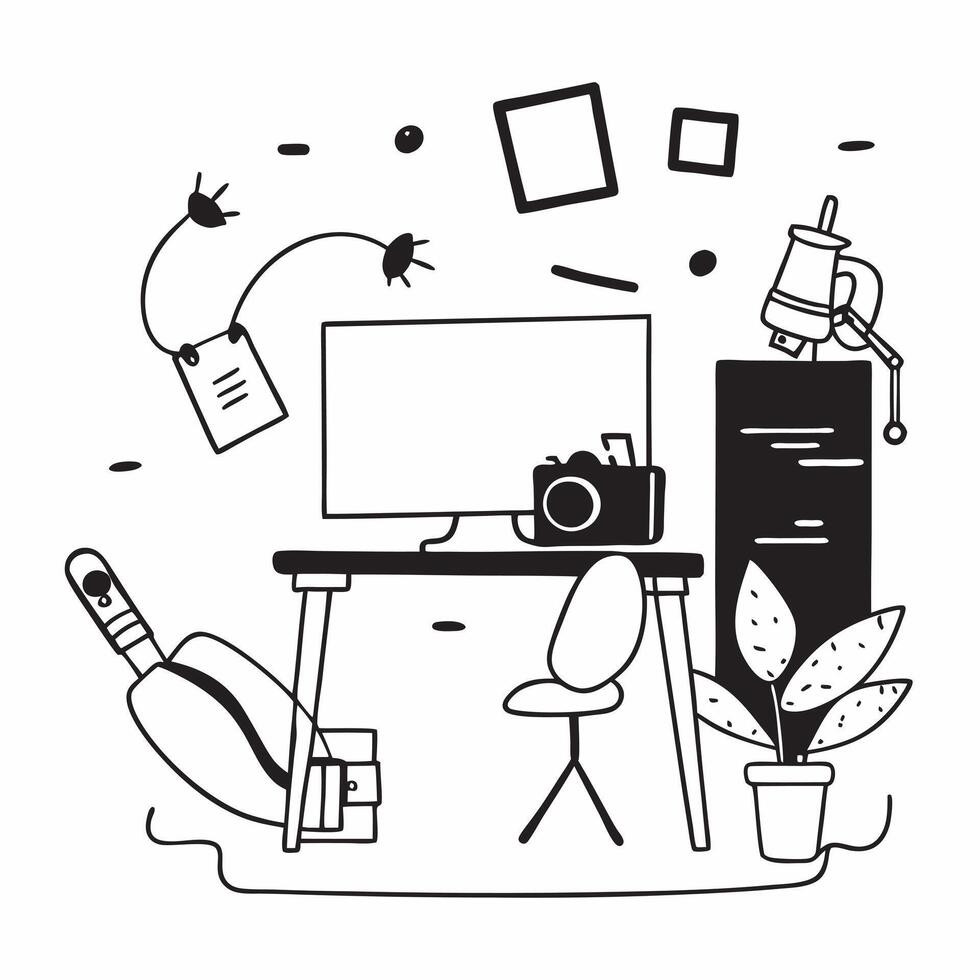 Chair and desk with Comfortable Workspace text in a border frame with copy space concept as Camera movement Pan across the chair and desk focusing on the text Scene Comfortable an pure Set 2 vector
