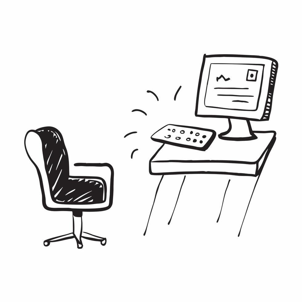 Chair and Desk with Remote Work Text concept as A chair and desk with Remote Work text on a white background highlighting the ergonomic setup for remote work Camera captures the s pure Set 2 vector