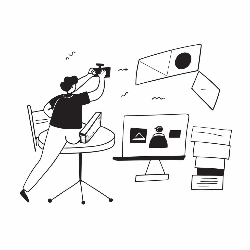 Content creator filming in a glossy flexible workspace concept as Camera movement Pan across the workspace as the content creator sets up their equipment Scene A creative and orga pure vector