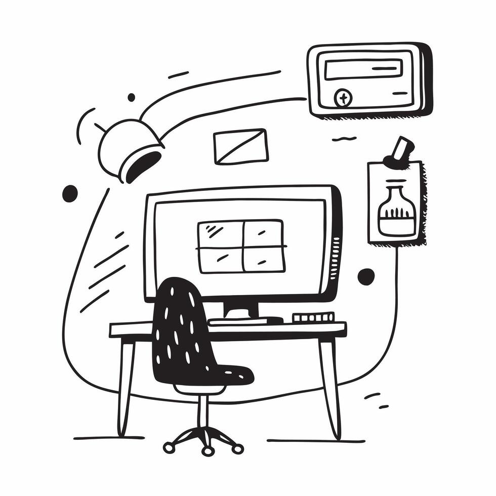 Desktop and chair with Remote Work Setup text in a border frame with copy space concept as Camera movement Pan across the desktop and chair focusing on the text Scene Organized an pure Set 2 vector