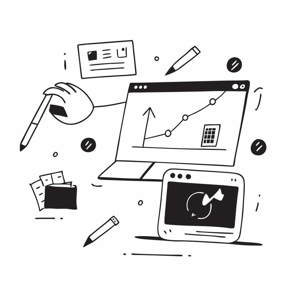 Desktop and tablet with holographic analytics software and flexible workspace text concept as Camera movement Pan across the desktop and tablet screens displaying holographic analy pure vector