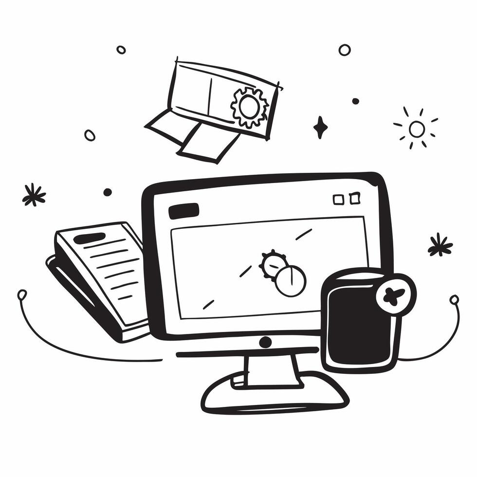 Desktop computer with holographic dashboard and Productivity text with copy space concept as Camera movement Pan across the desktop screen displaying a holographic dashboard Scene pure vector