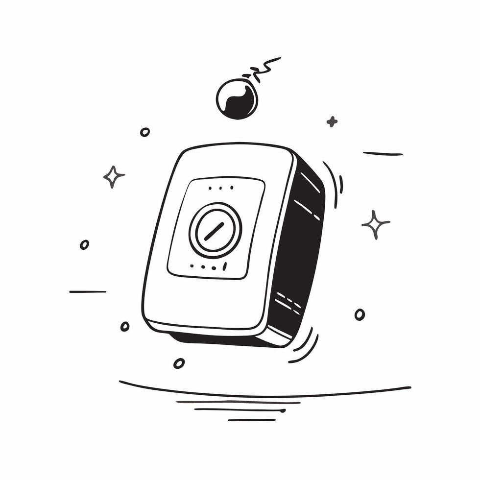 Digital alarm clock with holographic time hovering above concept as A digital alarm clock sits on a white surface with the time displayed as a holographic projection hovering above pure vector