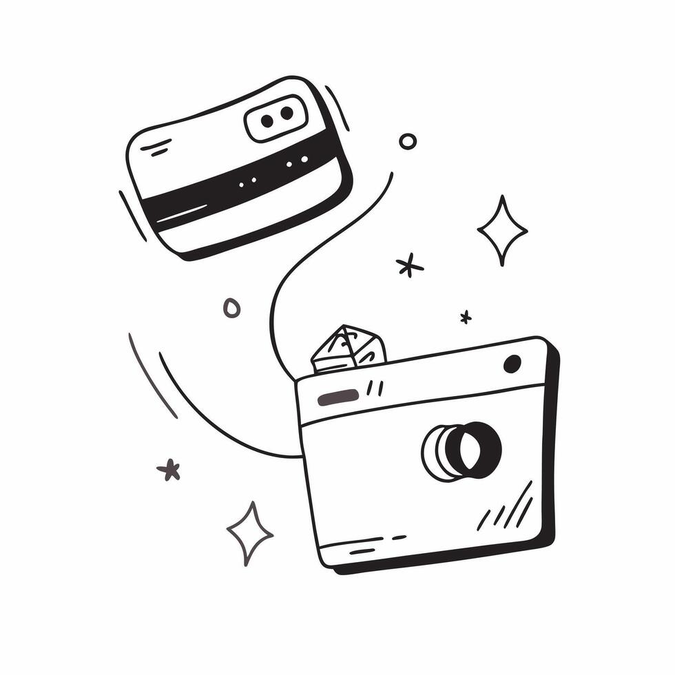 Digital camera with a holographic memory card icon floating concept as A digital camera is centered in the frame with a holographic memory card icon hovering just above it The sce pure vector