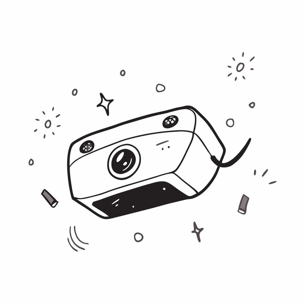 Digital Camera with Holographic Lenses concept as Horizontal shot of a digital camera on a white surface with glowing holographic lenses floating around it creating a professional pure vector
