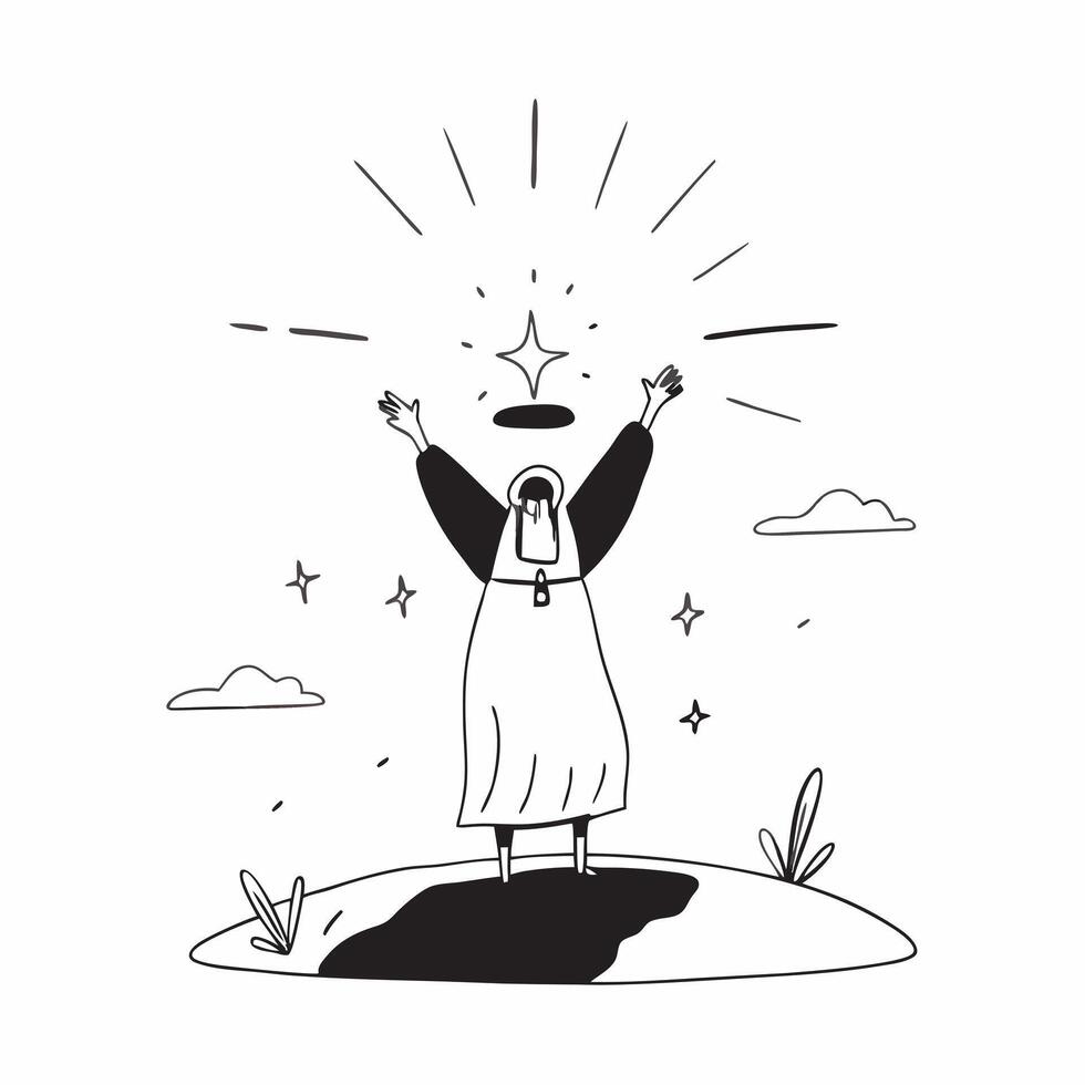 Divine Blessing at Sunrise concept as Low angle shot of a divine figure standing on a hilltop at sunrise bathed in a soft glossy golden glow that radiates warmth and spiritual ener pure vector