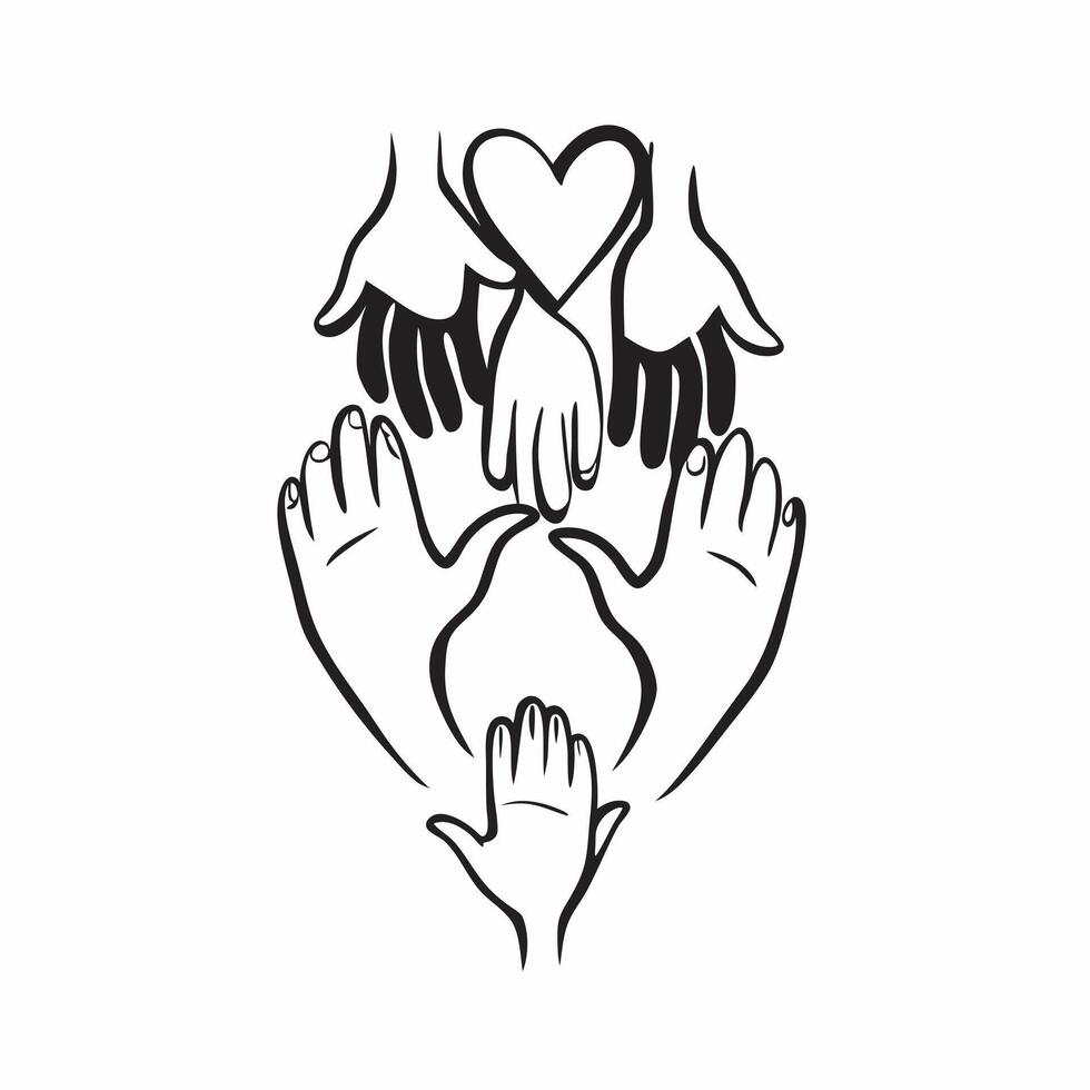 Family Hands and Heart with Love Text concept as A sleek isolated showing diverse hands forming a heart shape with the word Love beneath This design represents the love and pure vector