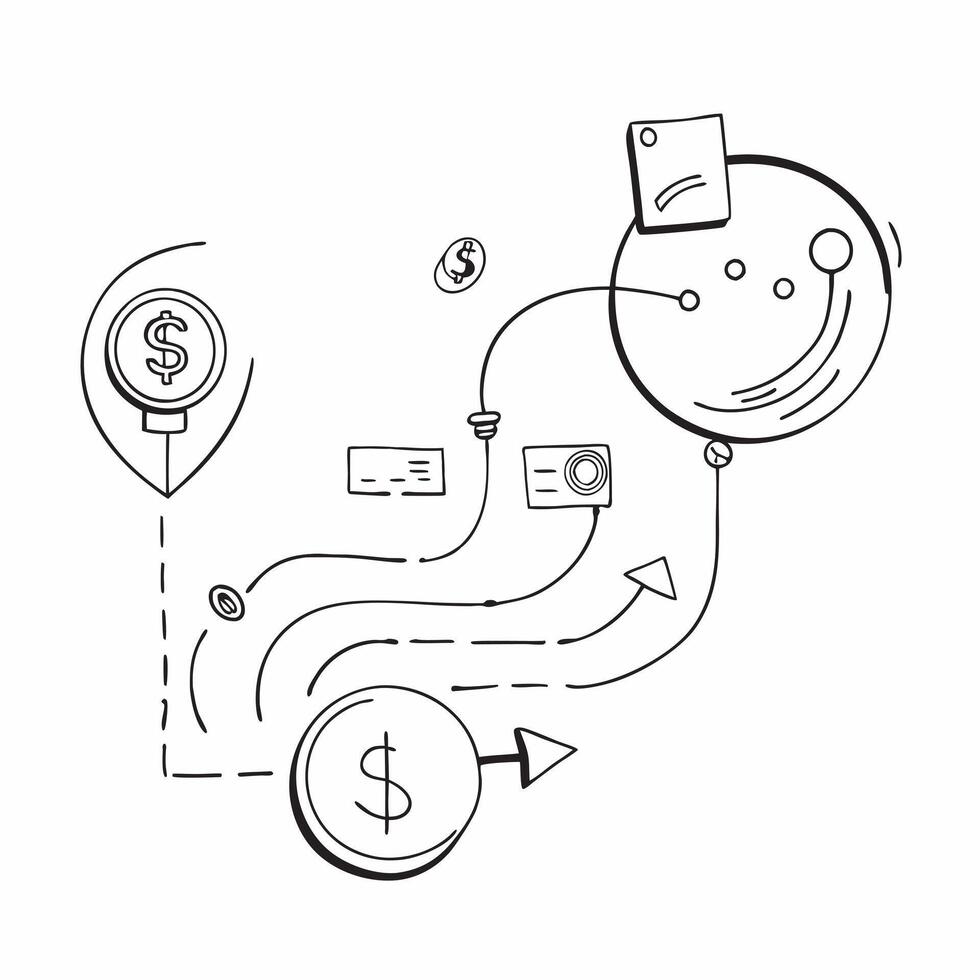 Flat AI Financial Circuit and Dollar Flow concept as An abstract showing a financial circuit connected to a flowing dollar symbol representing the integration of AI in strea pure vector