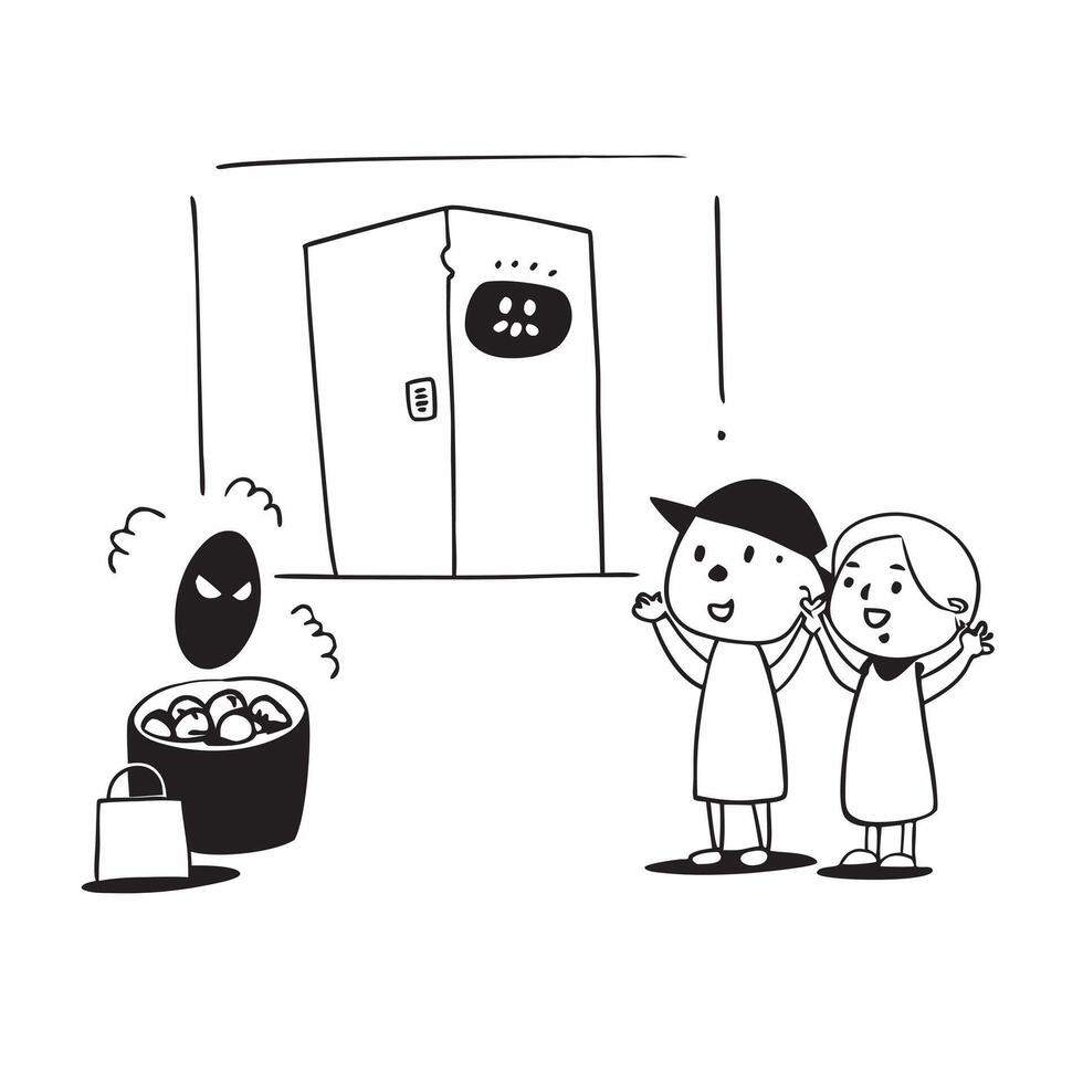 Flat Candid Trick or Treaters at a Doorstep concept as A candid shot of trick or treaters eagerly waiting at a decorated doorstep for candy The scene captures their anticipation a pure vector