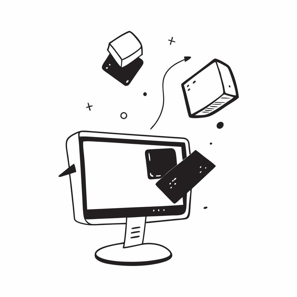 Flat Desktop monitor with holographic notifications surrounding it concept as A desktop monitor is set against a white background surrounded by floating holographic notifications pure vector