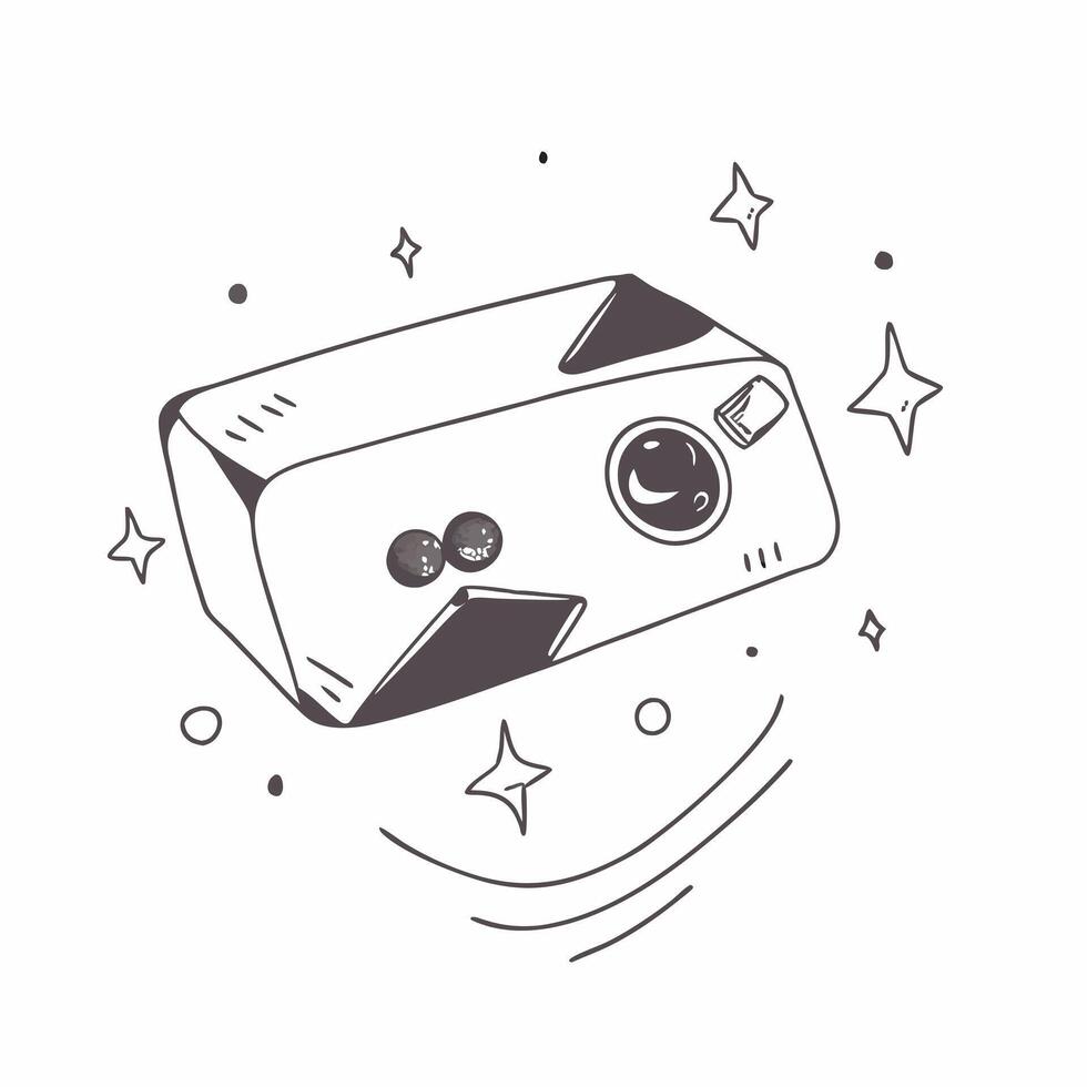 Flat Digital Camera with Holographic Lenses concept as Horizontal shot of a digital camera on a white surface with glowing holographic lenses floating around it creating a professi pure vector