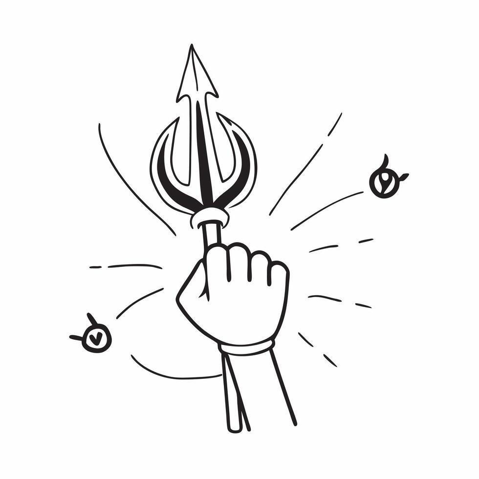 Flat Holographic Trident and Drum with Power Text concept as A powerful photo featuring a glowing holographic trident and drum symbolizing the divine power in Dussehra celebrations pure vector