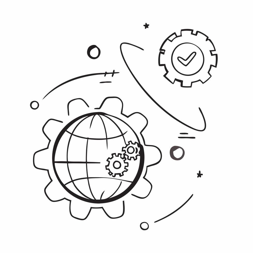 Flat Isolated of a globe and gears with the word Global concept as A illustration of a globe surrounded by gears with the word Global prominently displayed Isolated pure vector