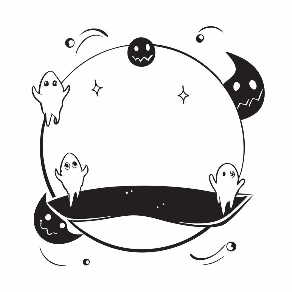 Flat Jack o Lantern and Ghost Border with Fright Text concept as A spooky border frame featuring jack o lanterns and ghosts at the corners with the word Fright in a bold eerie font pure vector