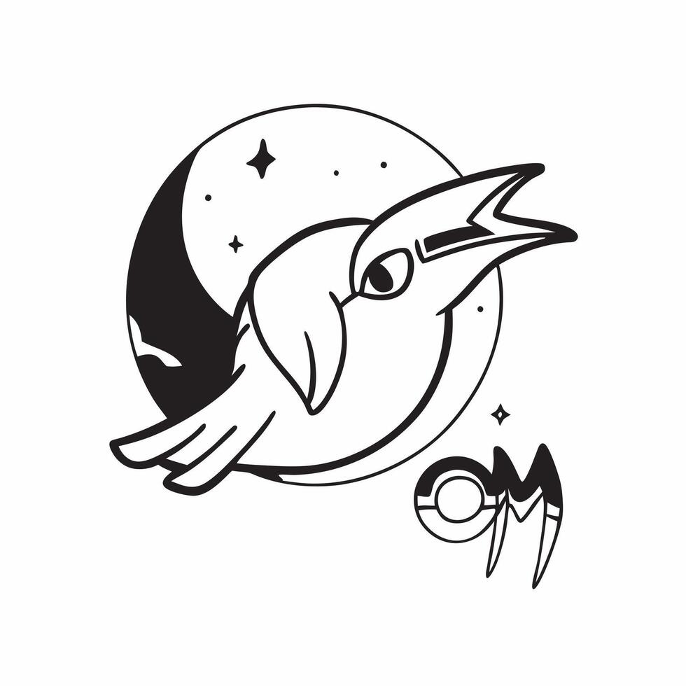 Flat Raven and Moon with Omen Text concept as An isolated featuring a raven flying across a full moon with the word Omen in a gothic font The elements are set against a whi pure vector