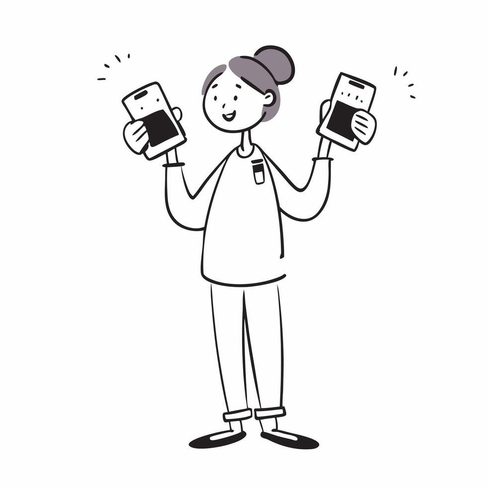 Flat Shopper Comparing Two Smartphones concept as Candid shot of a shopper holding two smartphones in a store trying to decide between them during a Black Friday sale capturing the pure vector