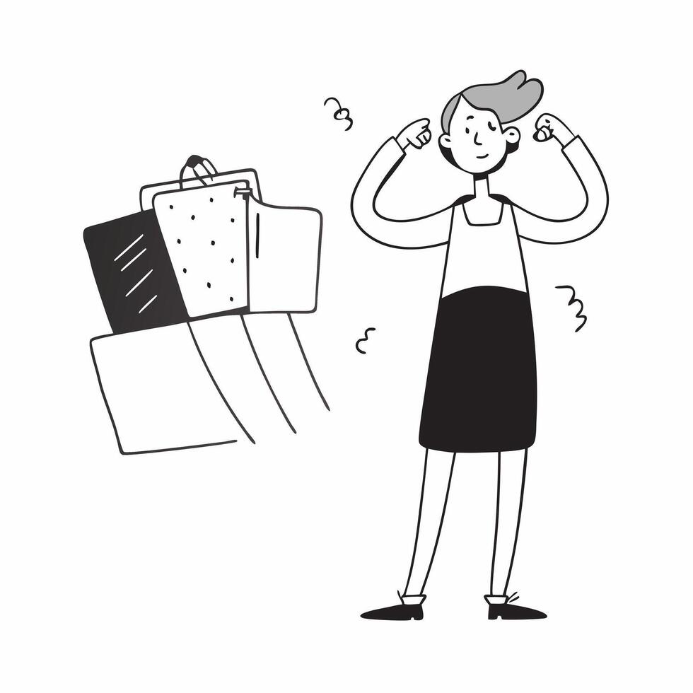 Flat Shopper Trying to Decide Between Items concept as Candid shot of a shopper holding two different items trying to decide which one to buy during a Black Friday sale capturing t pure vector