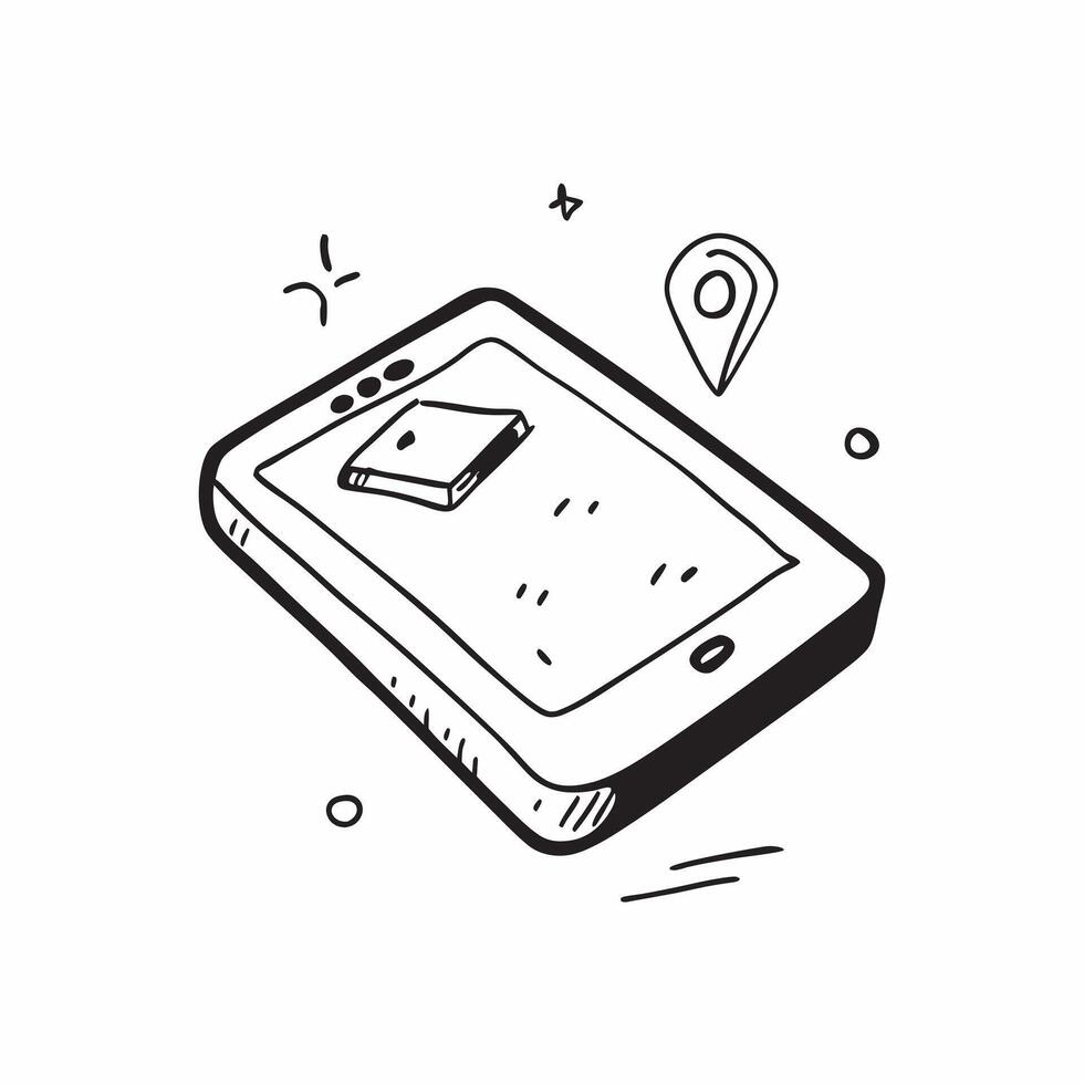 Flat Tablet with holographic navigation controls hovering above concept as A tablet is placed flat on a white surface with holographic navigation controls hovering just above the s pure vector