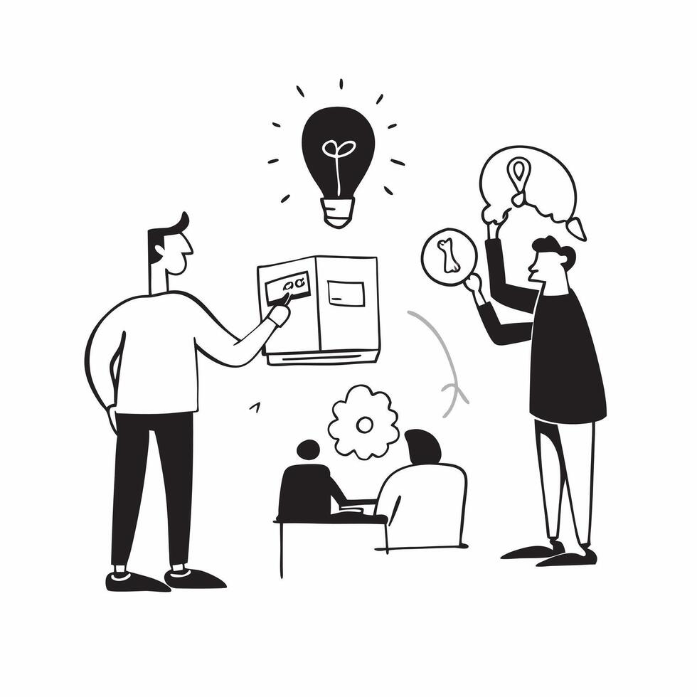 Flat Team candidly brainstorming new product ideas in an open office space concept as A candid shot of a team brainstorming new product ideas in an open office space The camera ca pure vector
