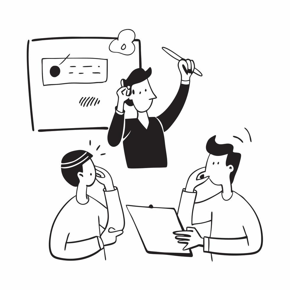 Flat Team leader giving instructions during an informal brainstorming session concept as A candid moment of a team leader giving instructions during an informal brainstorming sessi pure vector