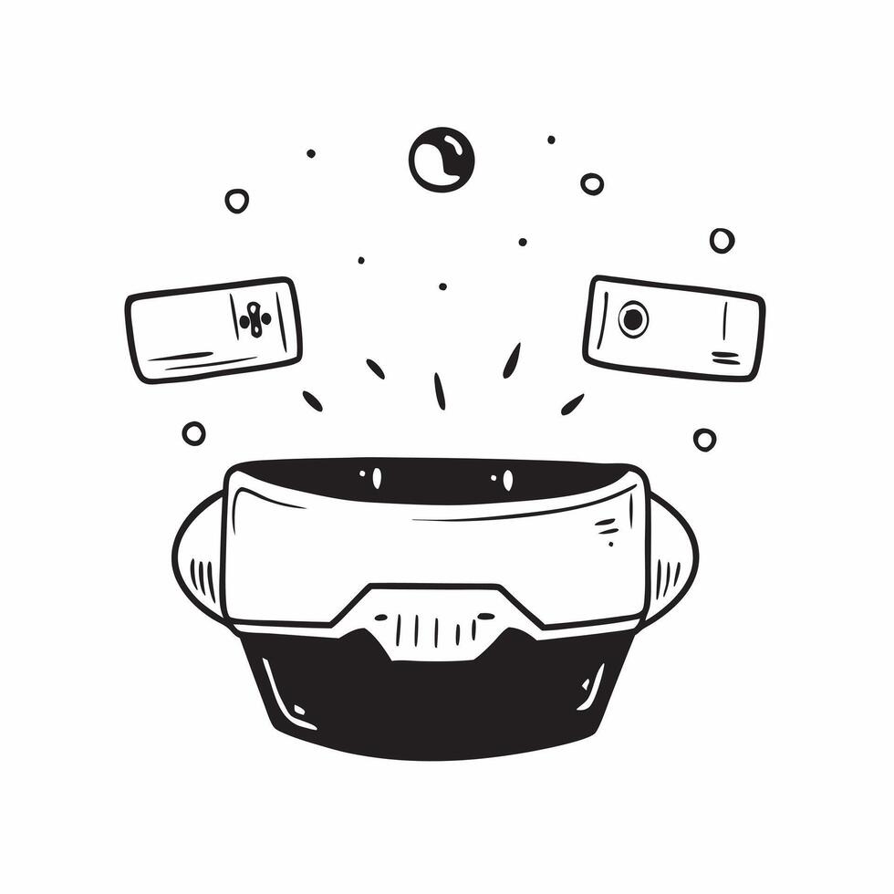 Flat VR headset with holographic game controls copy space at the bottom concept as A front facing shot of a VR headset with holographic game controls floating in front of the devic pure vector