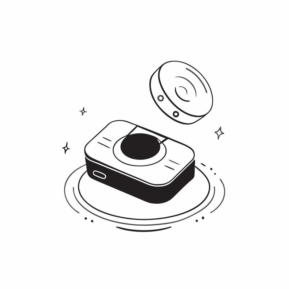 Flat Wireless charging pad with a holographic battery level indicator concept as A wireless charging pad sits on a white surface with a holographic battery level indicator hovering pure vector