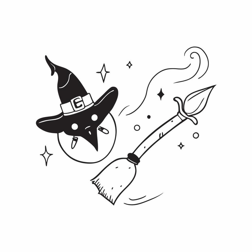 Flat Witchs Broom and Cat with Mystic Text concept as An isolated featuring a witchs broom with a black cat sitting beside it and the word Mystic in a mysterious font The e pure vector