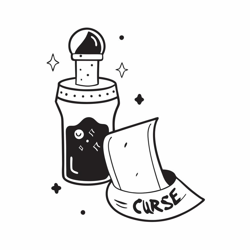Flat Witchs Potion Bottle and Skull with Curse Text concept as An isolated featuring a witchs potion bottle and a skull with the word Curse in a gothic font The elements ar pure vector