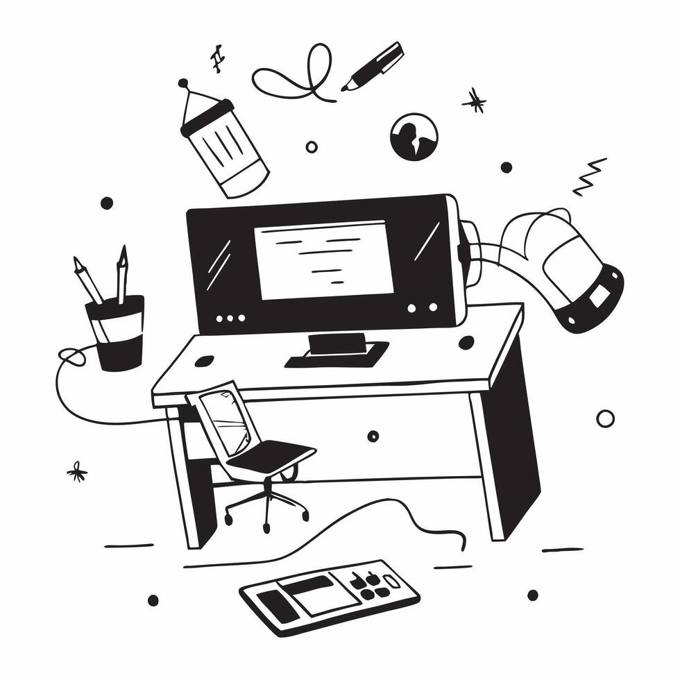 Freelancer in a glossy home office flexible workspace concept as Camera movement Zoom into the freelancer working on a project Scene A stylish and comfortable workspace with gloss pure Set 2 vector