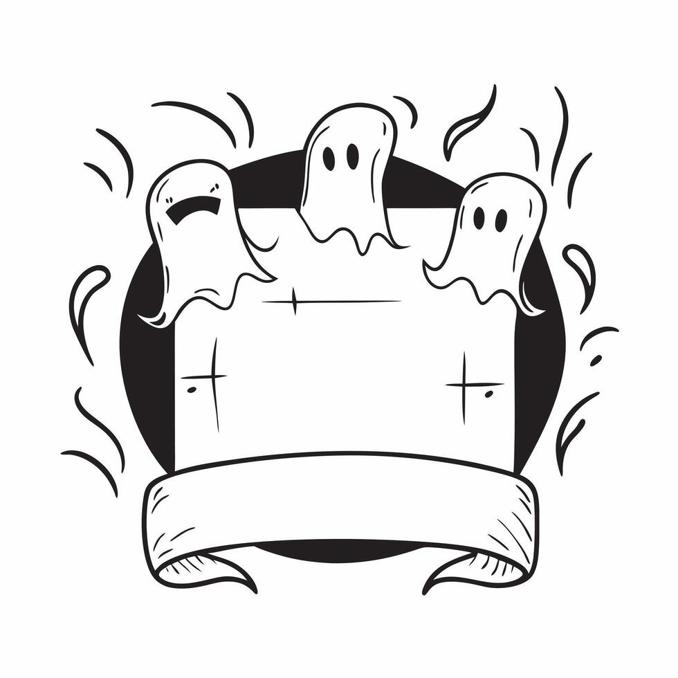 Ghost and Tombstone Border with Rest in Peace Text concept as A spooky border frame featuring ghosts and tombstones around the edges with the phrase Rest in Peace in a gothic font pure vector