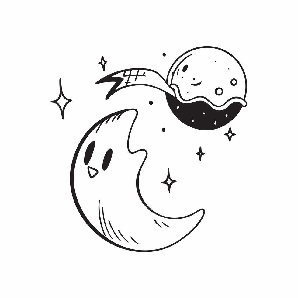 Ghost and Moon with Haunt Text concept as An isolated featuring a ghost drifting beneath a crescent moon with the word Haunt in an eerie font The elements are set against a pure vector