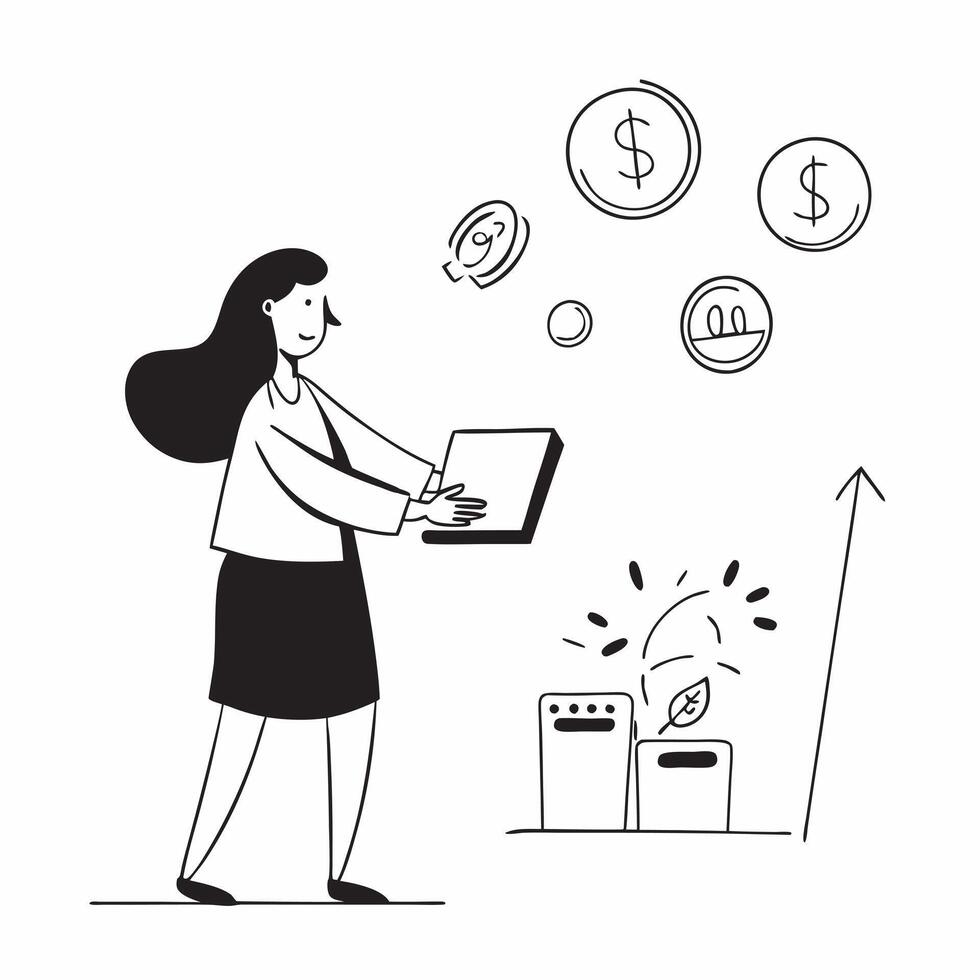 Glossy depiction of a businesswoman investing for Dhanteras concept as Camera movement Pan across the businesswomans focused expression as she makes an investment Scene Sleek mode pure vector