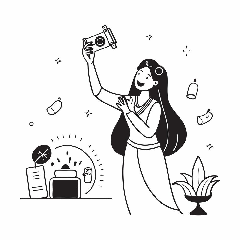 Glossy depiction of a woman performing Dhanteras Lakshmi Pooja concept as Camera movement Zoom into the womans serene expression as she performs Lakshmi Pooja Scene Sacred vibrant pure Set 2 vector