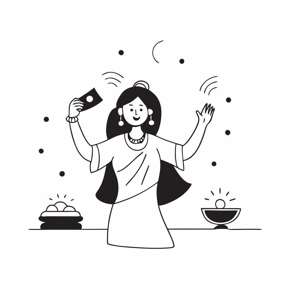Glossy depiction of a woman performing Dhanteras Lakshmi Pooja concept as Camera movement Zoom into the womans serene expression as she performs Lakshmi Pooja Scene Sacred vibrant pure vector