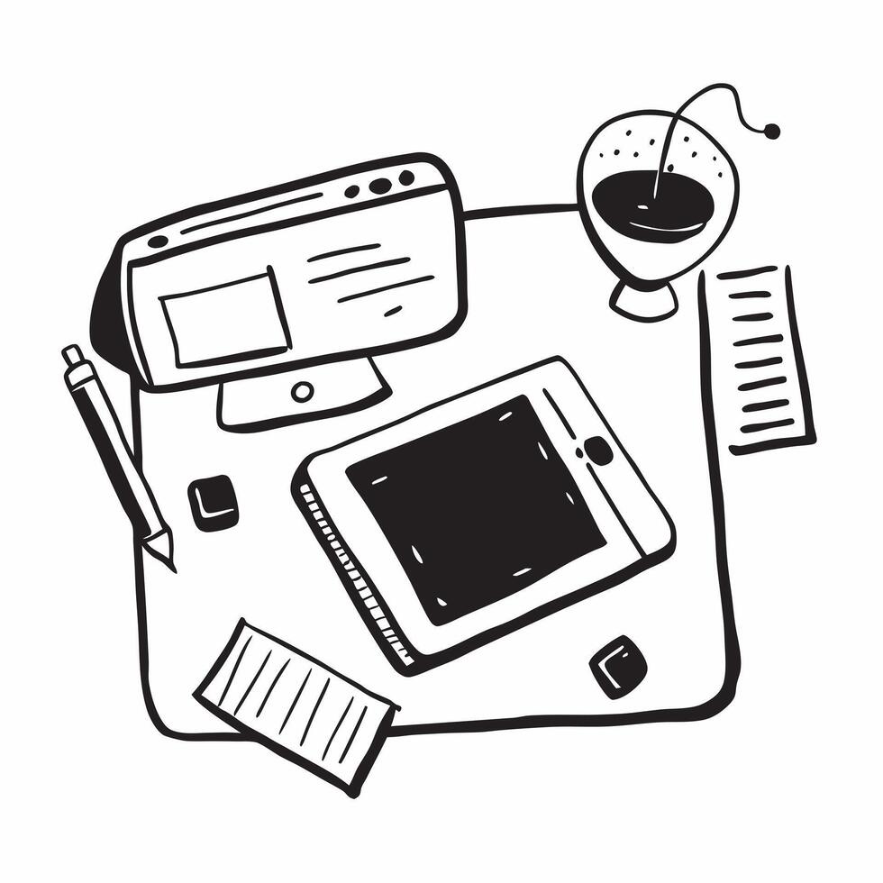 Glossy Desk with Coffee and Tablet concept as A photo of a glossy home office desk setup featuring a tablet and a cup of coffee The camera angle is overhead focusing on the clean pure vector