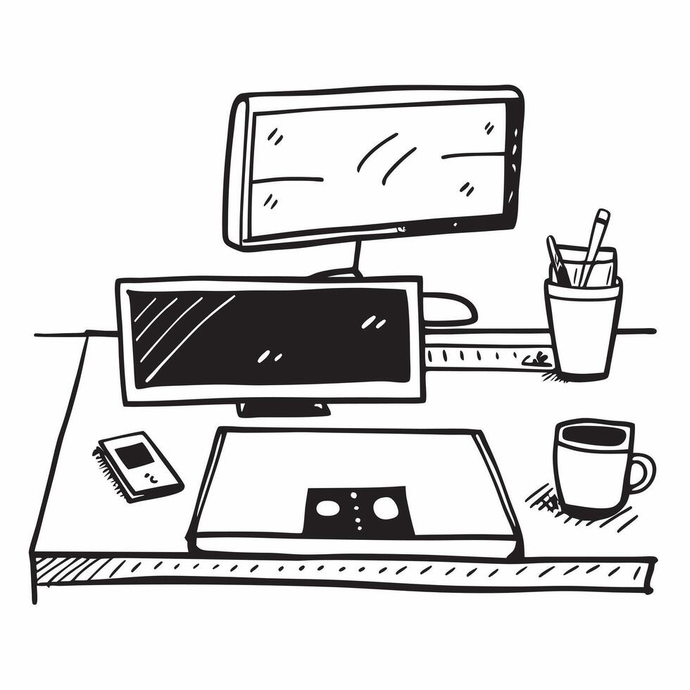 Glossy Desk with Dual Monitors and Coffee concept as A photo of a glossy home office desk setup featuring dual monitors and a cup of coffee The camera angle is straight on highlig pure Set 2 vector