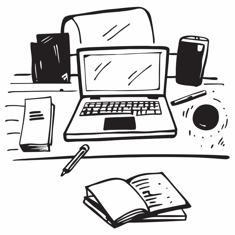 Glossy Desk with Stationery and Laptop concept as A photo of a glossy home office desk setup featuring stationery and a laptop The camera angle is slightly overhead focusing on th pure vector